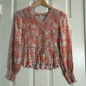 Japna Floral Smocked Peplum Blouse - Pink and Brown